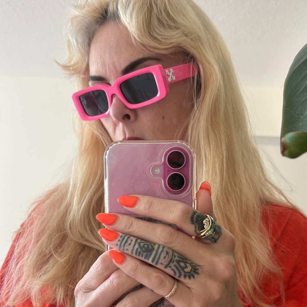 Off-White Pink Rectangular Sunglasses with Black … - image 2